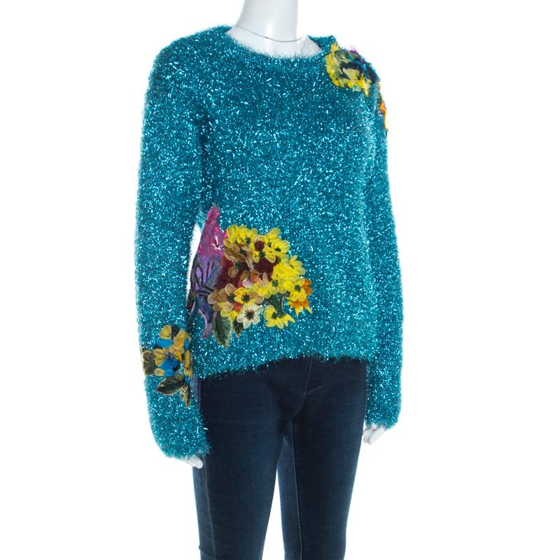 Dolce and Gabbana Metallic Blue Tinsel Rib Knit Floral Applique Sweater S In Good Condition In Dubai, Al Qouz 2