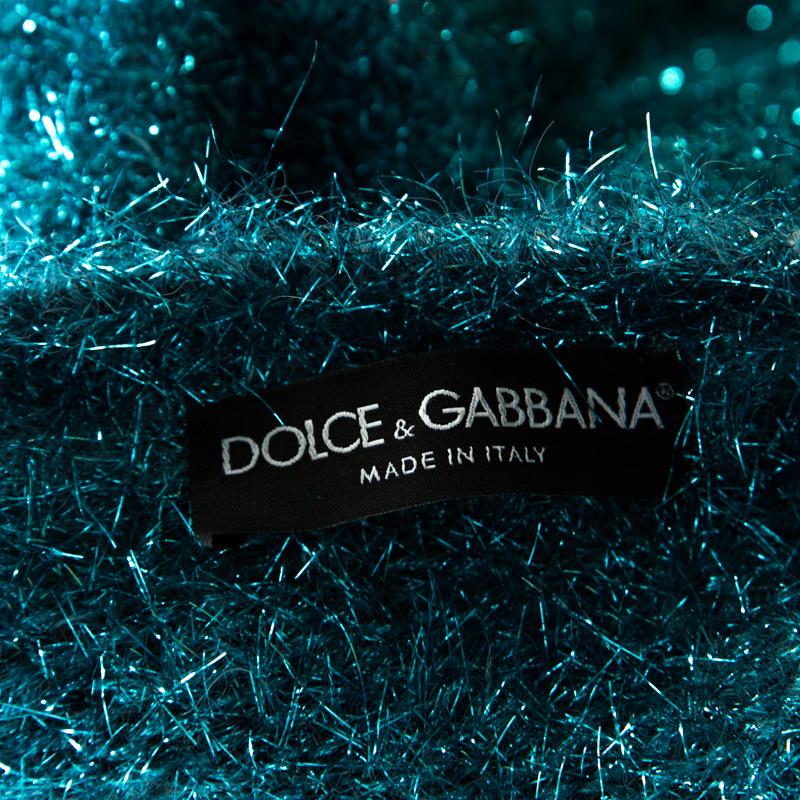 Dolce and Gabbana Metallic Blue Tinsel Rib Knit Floral Applique Sweater S 1
