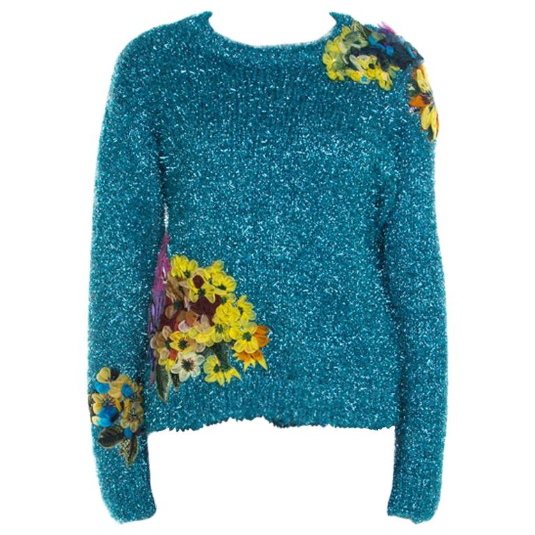 Dolce and Gabbana Metallic Blue Tinsel Rib Knit Floral Applique Sweater S