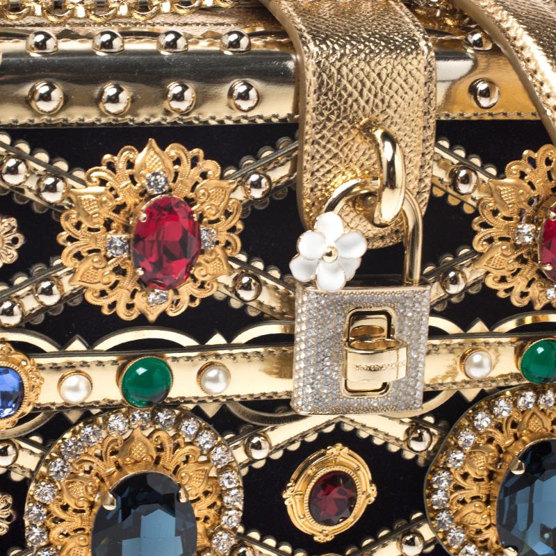 Dolce and Gabbana Metallic Gold Crystal and Velvet Box Pad lad lock Shoulder Bag 5