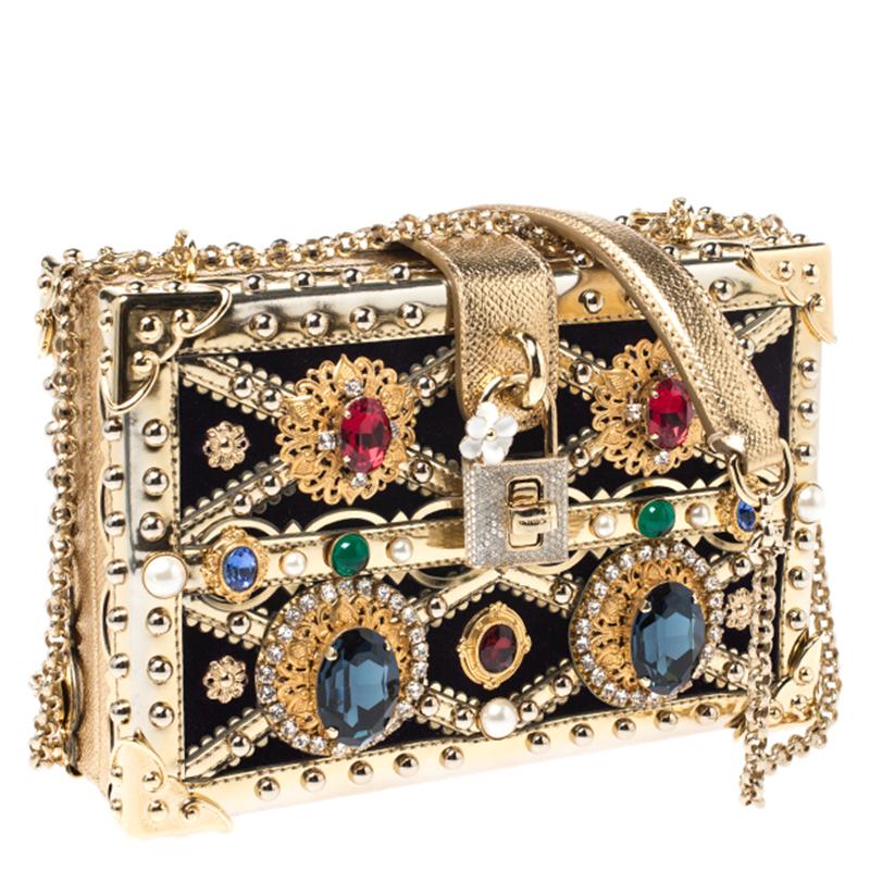 Dolce and Gabbana Metallic Gold Crystal and Velvet Box Pad lad lock Shoulder Bag In New Condition In Dubai, Al Qouz 2