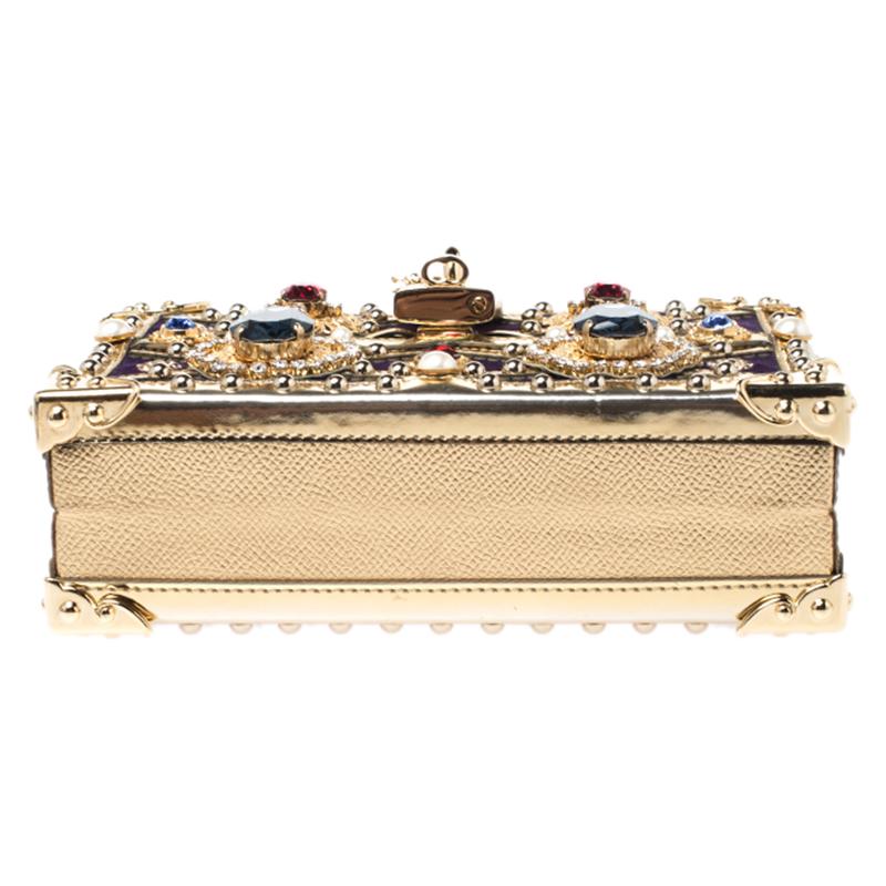 Women's Dolce and Gabbana Metallic Gold Crystal and Velvet Box Pad lad lock Shoulder Bag