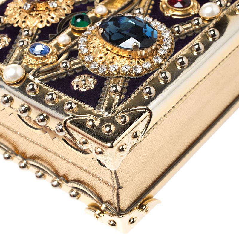 Dolce and Gabbana Metallic Gold Crystal and Velvet Box Pad lad lock Shoulder Bag 1