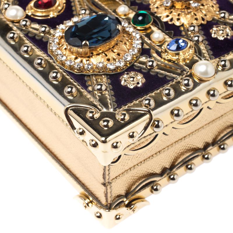 Dolce and Gabbana Metallic Gold Crystal and Velvet Box Pad lad lock Shoulder Bag 2