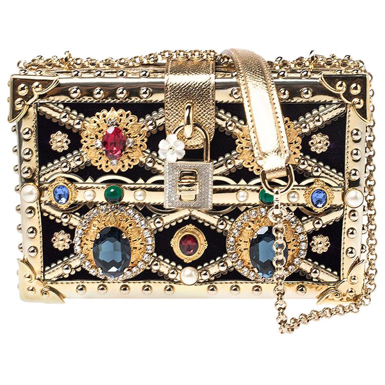 Dolce and Gabbana Metallic Gold Crystal and Velvet Box Pad lad lock Shoulder Bag