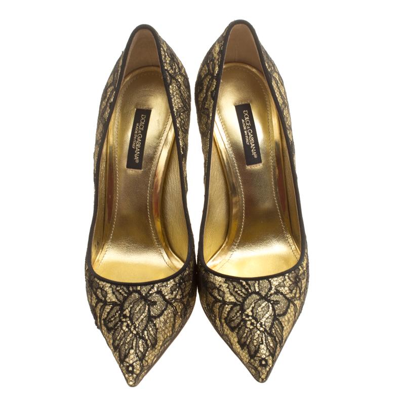 Brown Dolce and Gabbana Metallic Gold Glitter and Black Chantilly Lace Pointed Toe Pum