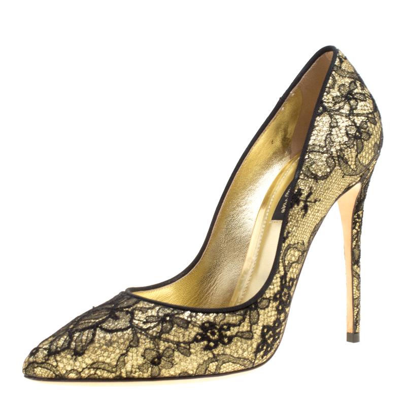 Dolce and Gabbana Metallic Gold Glitter and Black Chantilly Lace Pointed Toe Pum