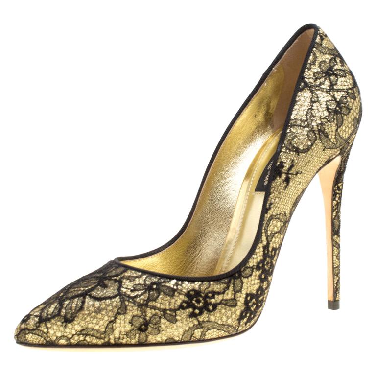 Dolce and Gabbana Metallic Gold Glitter andLace Pointed Toe Pumps Size