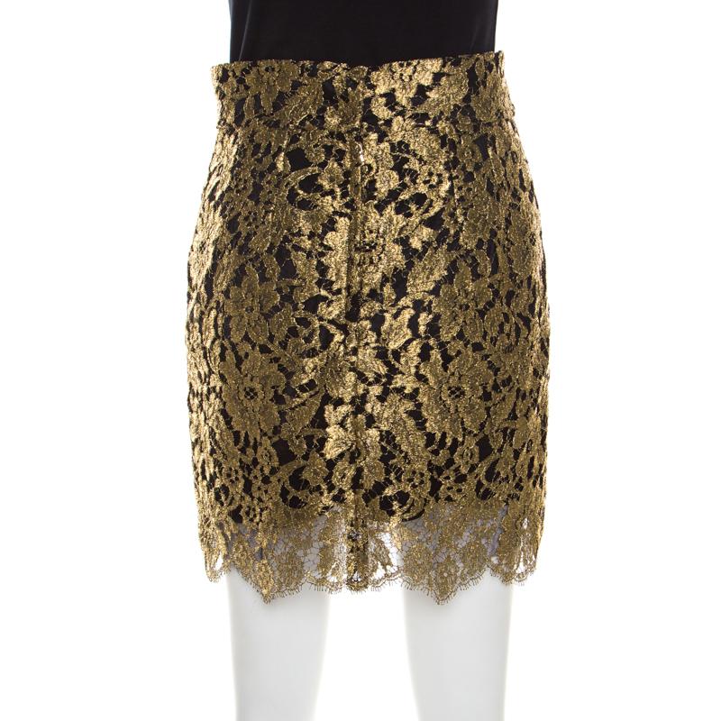Dolce and Gabbana Metallic Gold Lace Overlay Scalloped Mini Skirt S For ...