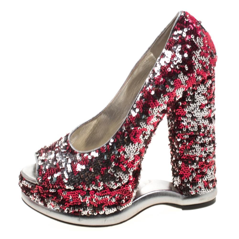 Women's Dolce and Gabbana Metallic Sequins Embellished Peep Toe Platform Pumps Size 40
