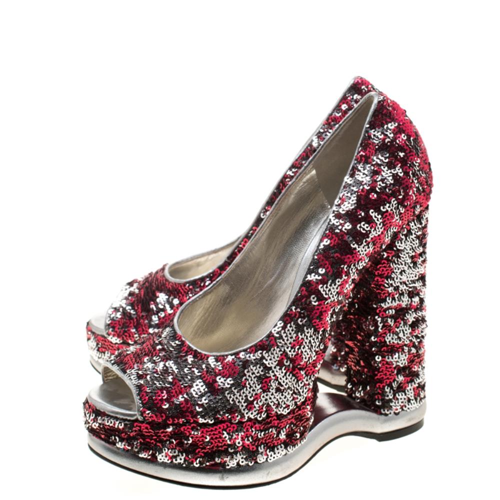 Dolce and Gabbana Metallic Sequins Embellished Peep Toe Platform Pumps Size 40 2