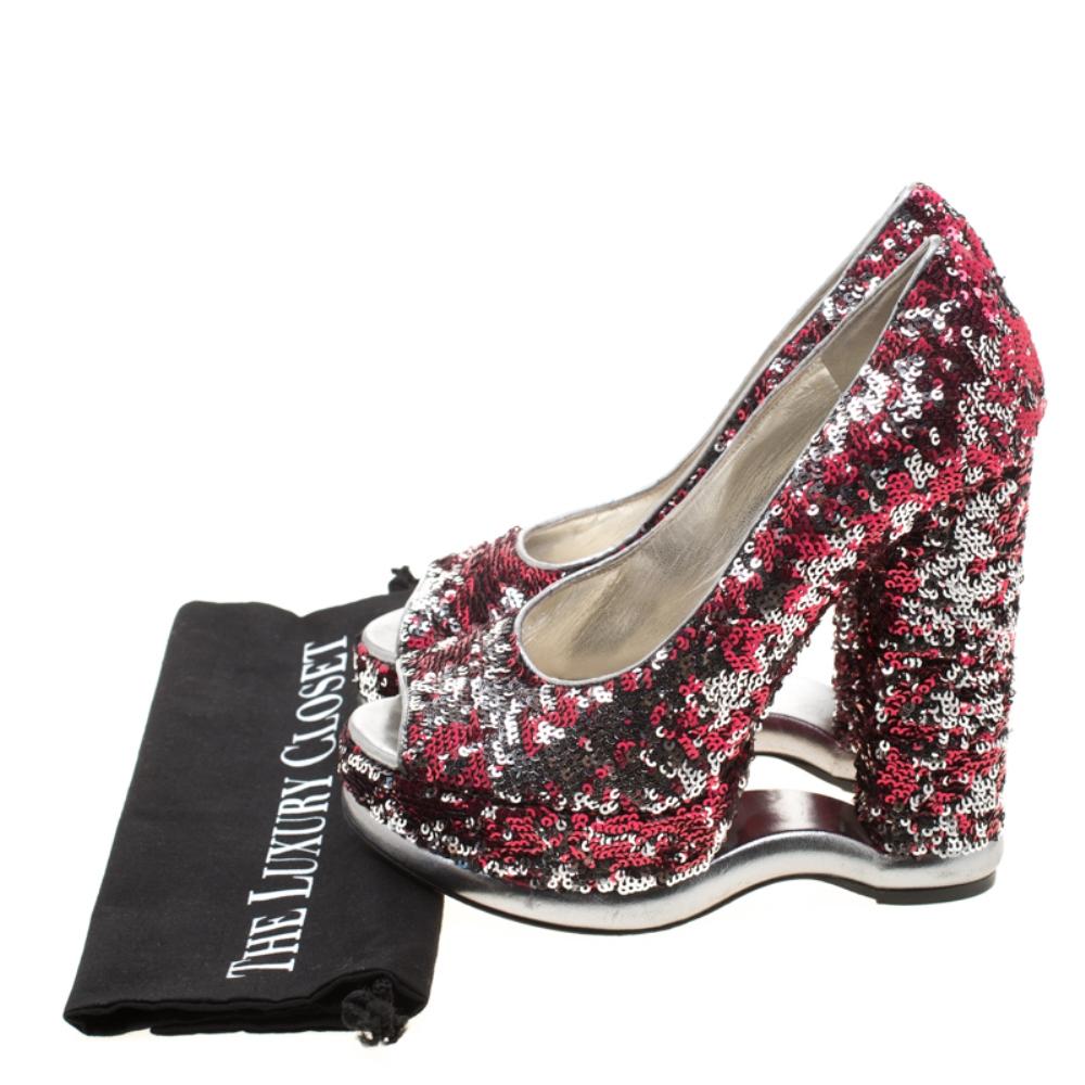 Dolce and Gabbana Metallic Sequins Embellished Peep Toe Platform Pumps Size 40 3
