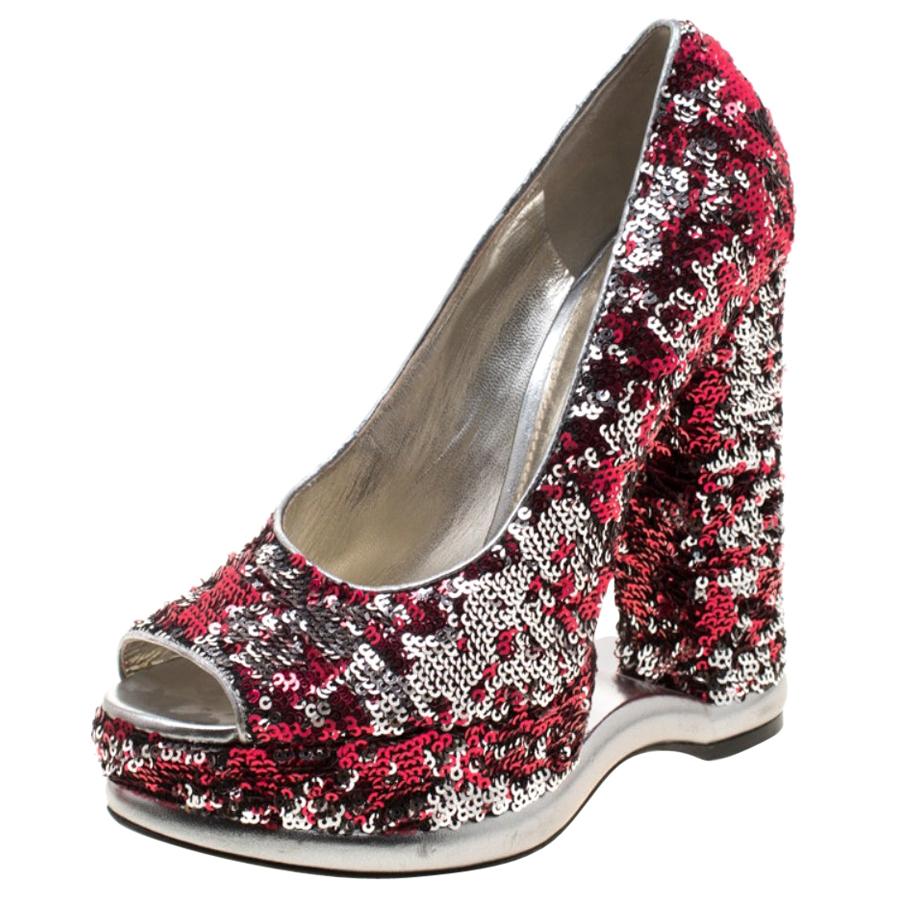 Dolce and Gabbana Metallic Sequins Embellished Peep Toe Platform Pumps Size 40