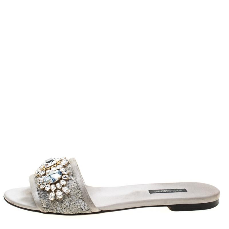 Dolce And Gabbana Metallic Silver Lace Crystal Embellished Flat Slides Size 39 2