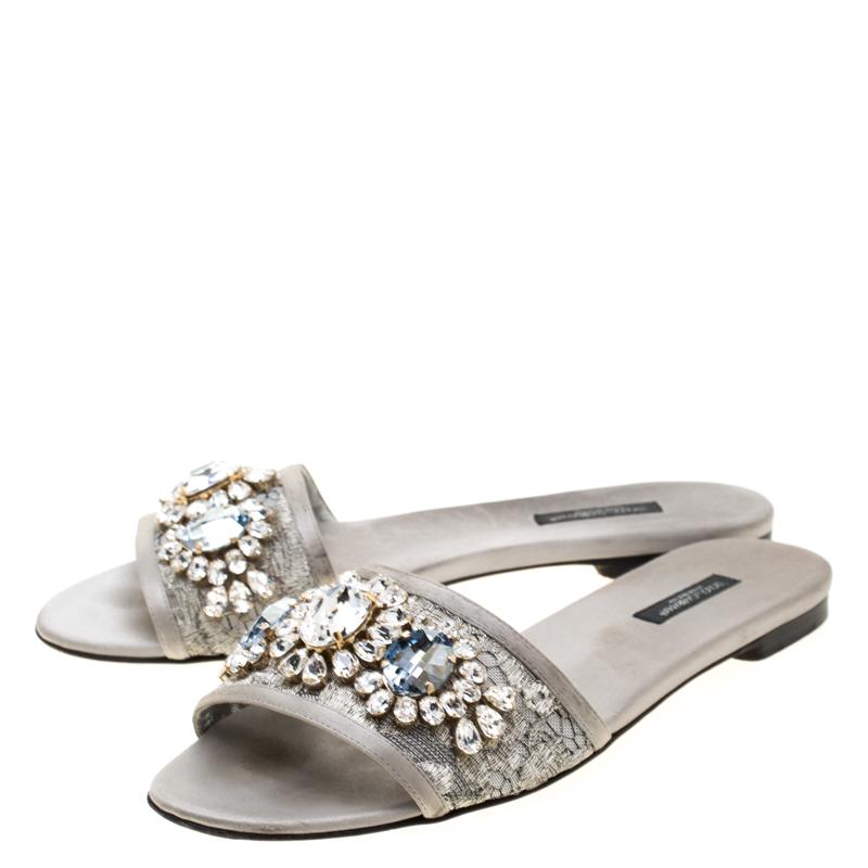 Dolce And Gabbana Metallic Silver Lace Crystal Embellished Flat Slides Size 39 3