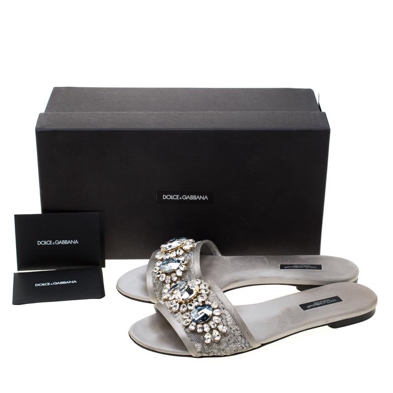 Dolce And Gabbana Metallic Silver Lace Crystal Embellished Flat Slides Size 39 4