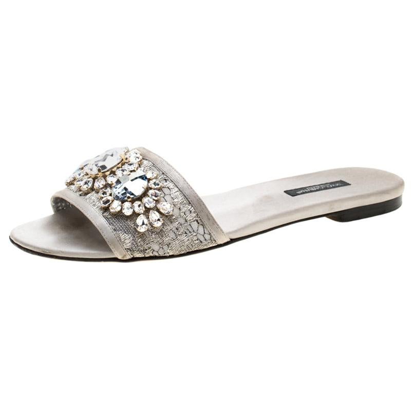 Dolce And Gabbana Metallic Silver Lace Crystal Embellished Flat Slides Size 39