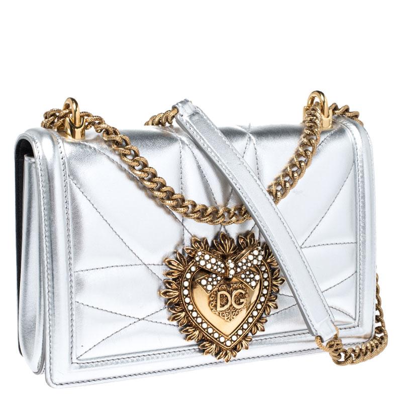 Women's Dolce and Gabbana Metallic Silver Leather Medium Devotion Mordore Shoulder Bag