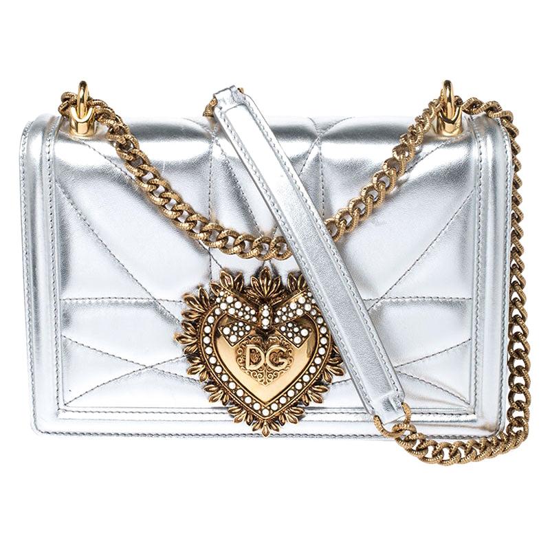 Dolce and Gabbana Metallic Silver Leather Medium Devotion Mordore Shoulder Bag