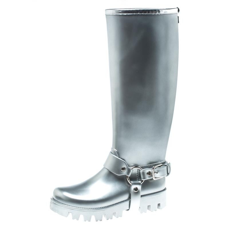 Dolce and Gabbana Metallic Silver Platform Rain Boots Size 37