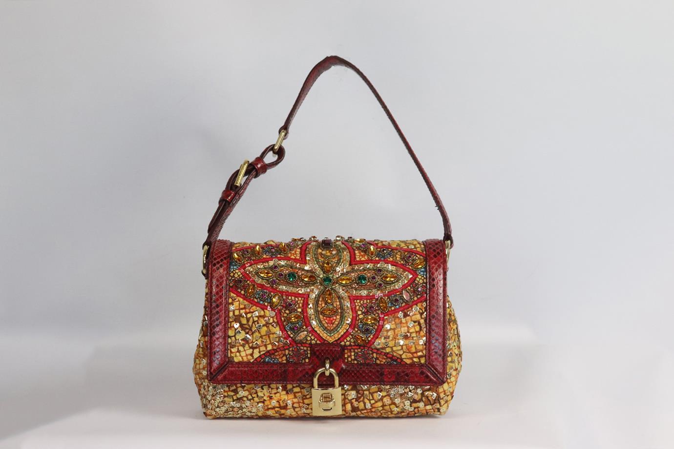 Dolce & Gabbana Miss Bonita embellished snakeskin trimmed brocade shoulder bag. Made yellow and red brocade in a stained glass window design with crystal embellishment and snakeskin trim, it comes with gold hardware and three large internal