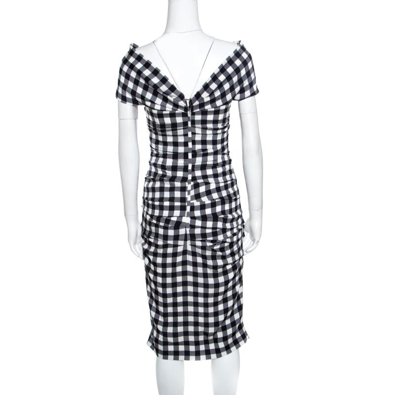 Black Dolce and Gabbana Monochrome Gingham Checked Ruched Bodycon Dress M
