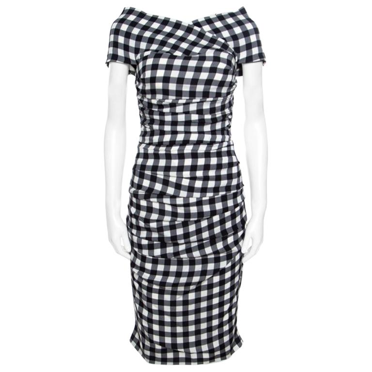 Dolce and Gabbana Monochrome Gingham Checked Ruched Bodycon Dress M