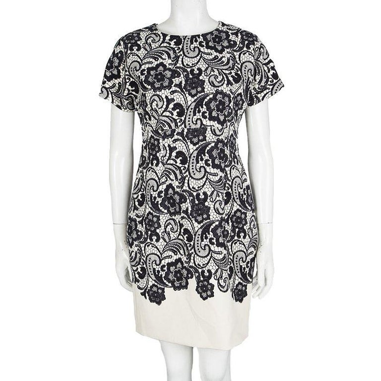 Dolce and Gabbana Monochrome Lace Print Short Sleeve Sheath Dress M For ...