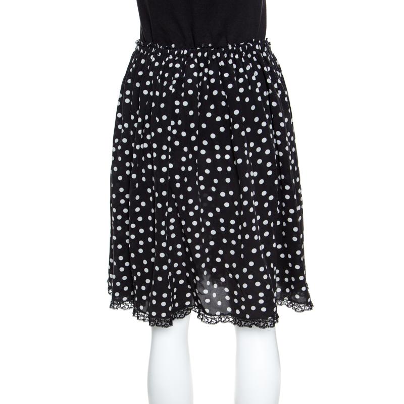Black Dolce and Gabbana Monochrome Polka Dotted Lace Trim Silk Skirt M