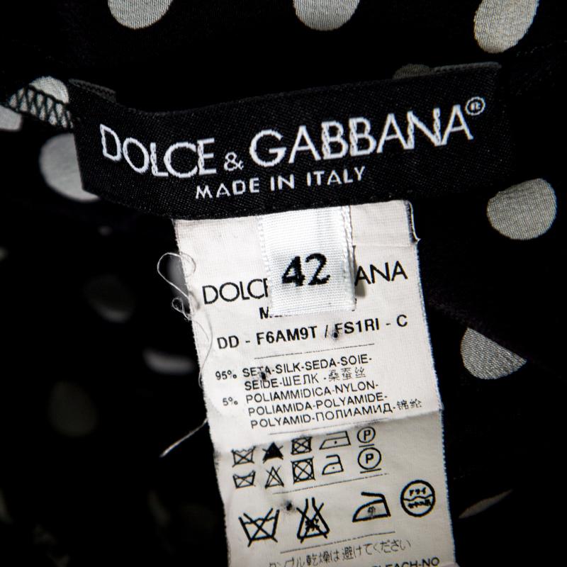 Women's Dolce and Gabbana Monochrome Polka Dotted Lace Trim Silk Skirt M