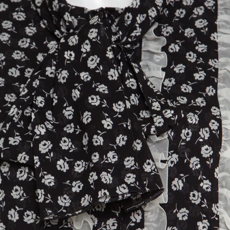 Women's Dolce and Gabbana Monochrome Small Flower Print Silk Ruffled Bib Blouse M
