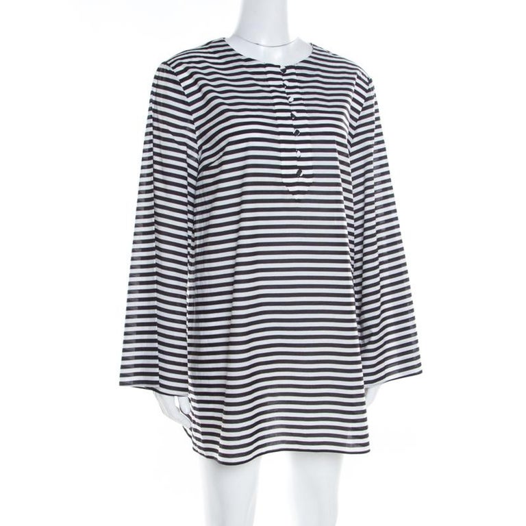 Dolce and Gabbana Monochrome Striped Cotton Long Sleeve Beach Tunic M ...