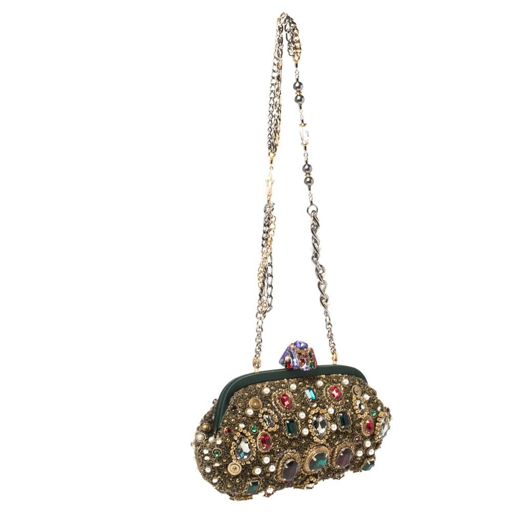 Brown Dolce and Gabbana Mulitcolor Jewel Embellished Frame Chain Clutch