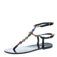Dolce and Gabbana Multicolor Crystal Embellished Ankle Strap Flat Thong Sandals 