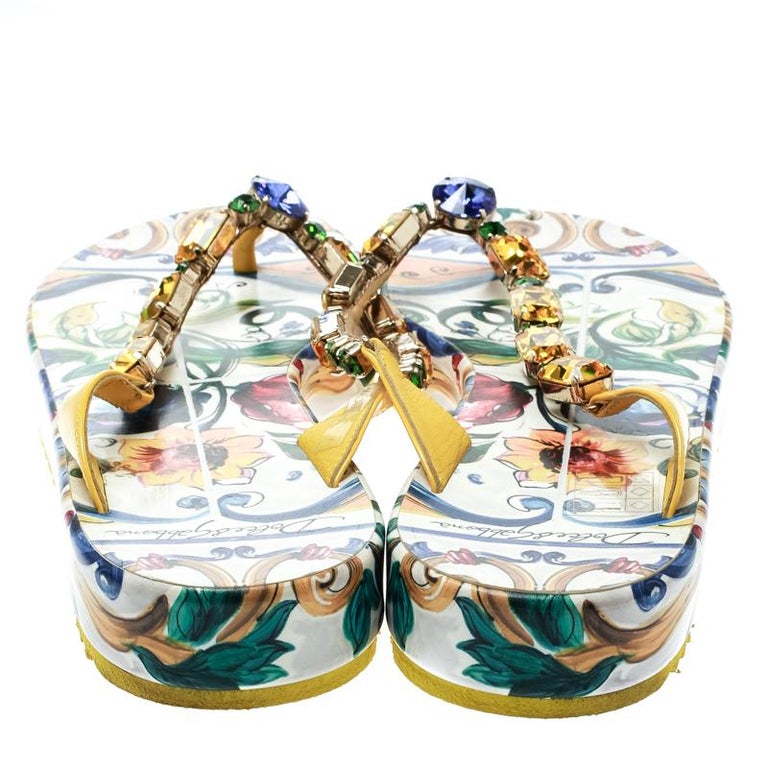 Dolce and Gabbana Multicolor Crystal Leather Platform Thong Sandals ...