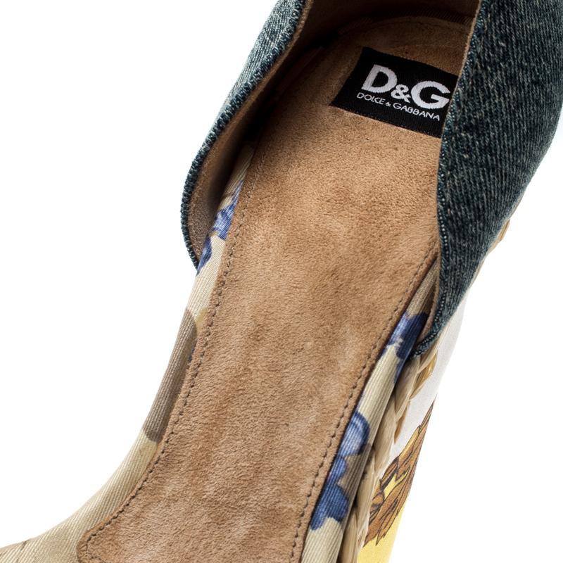 Beige Dolce and Gabbana Multicolor Denim Ankle Strap Platform Wedge Sandals Size 38