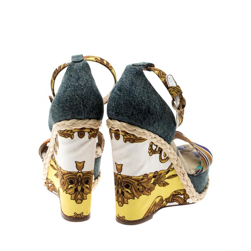 Dolce and Gabbana Multicolor Denim Ankle Strap Platform Wedge Sandals Size 38 In Good Condition In Dubai, Al Qouz 2