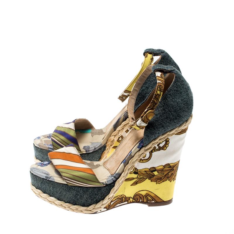 Women's Dolce and Gabbana Multicolor Denim Ankle Strap Platform Wedge Sandals Size 38