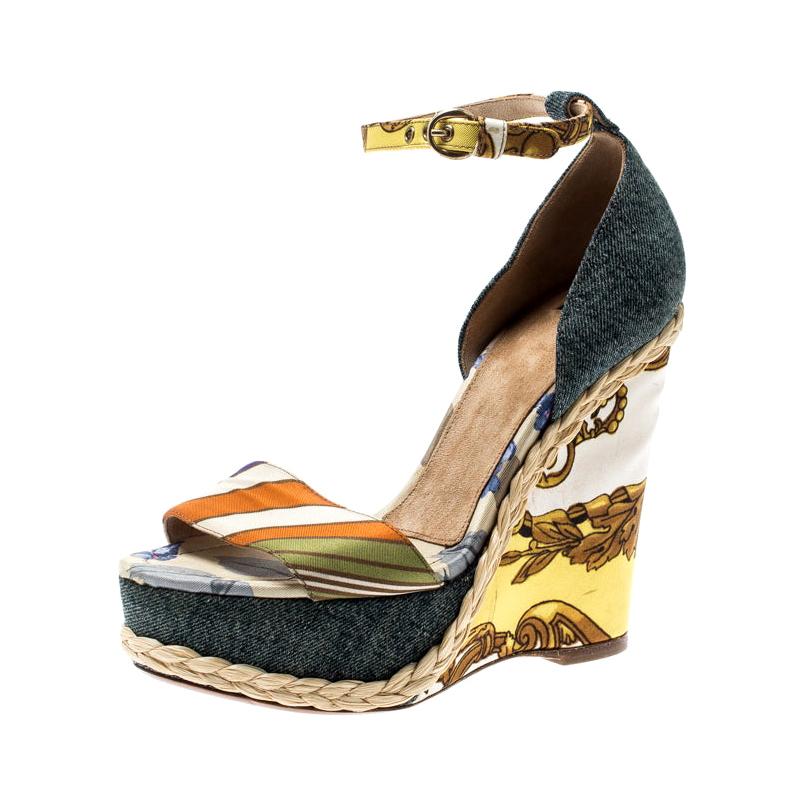 Dolce and Gabbana Multicolor Denim Ankle Strap Platform Wedge Sandals Size 38