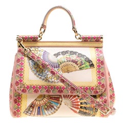Dolce and Gabbana Multicolor Fan Foulard Printed Leather Medium Miss Sicily Top