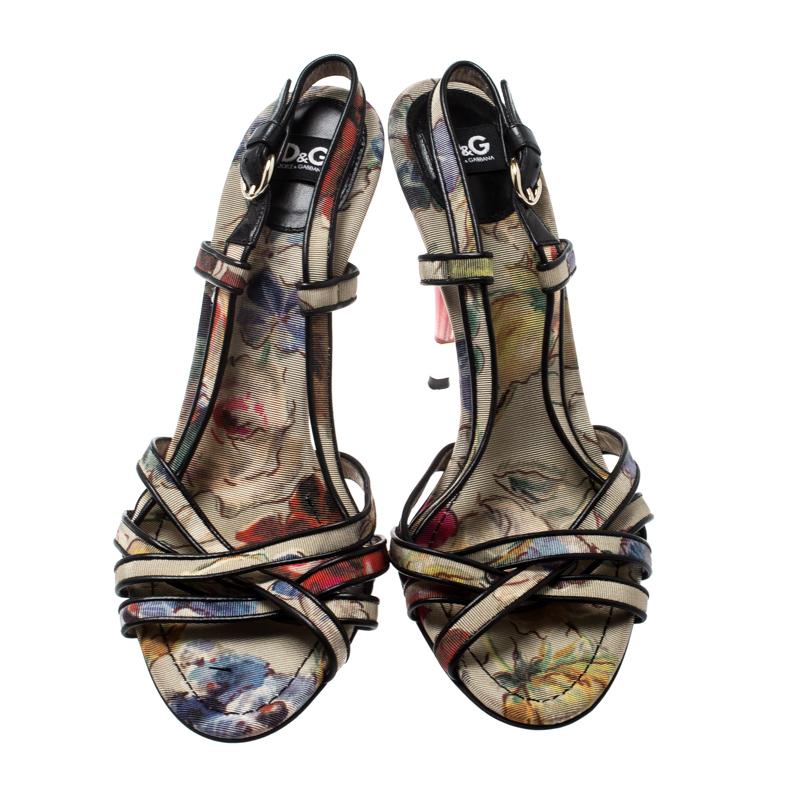 Black Dolce and Gabbana Multicolor Floral And Leather Trim Strappy Sandals Size 40