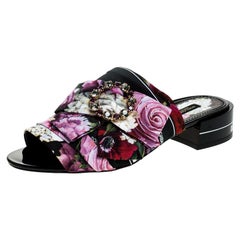 Dolce and Gabbana Multicolor Floral Crystal Bow Open Toe Flat Mules Size 40