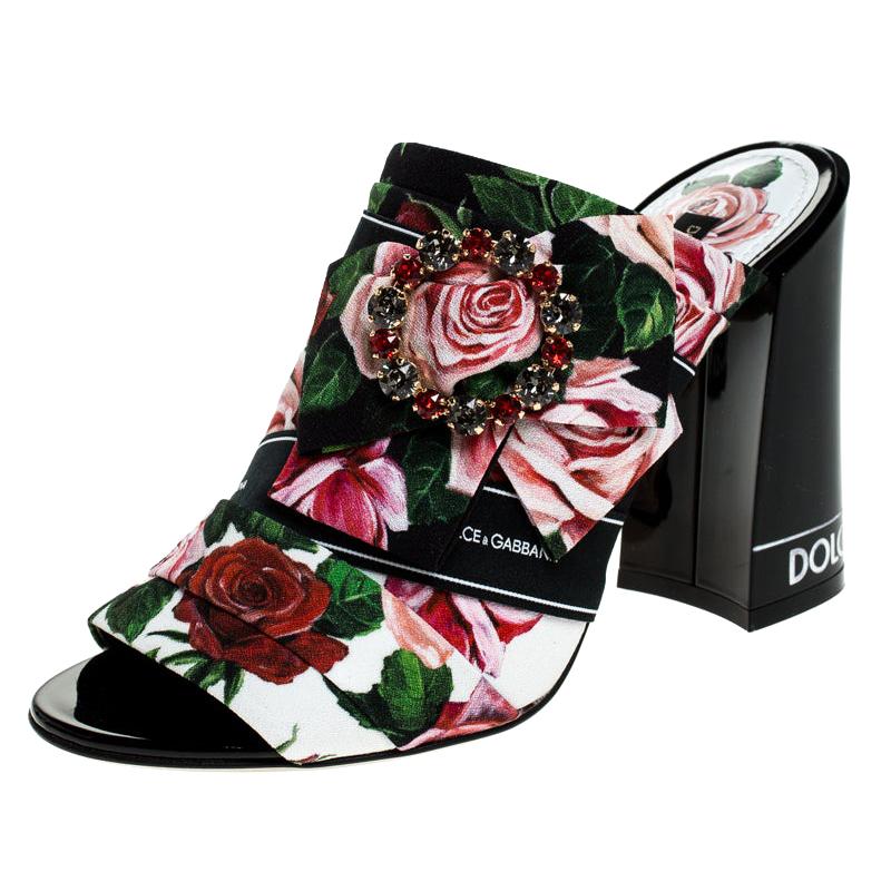 Dolce and Gabbana Multicolor Floral Fabric Crystal  Bow Open Toe Mules Size 35