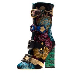 Dolce and Gabbana Multicolor Floral Jacquard Fabric Crystal Embellished Buckle