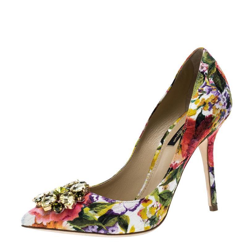 Dolce and Gabbana Multicolor Floral Print Fabric Crystal Embellished Pumps Size 