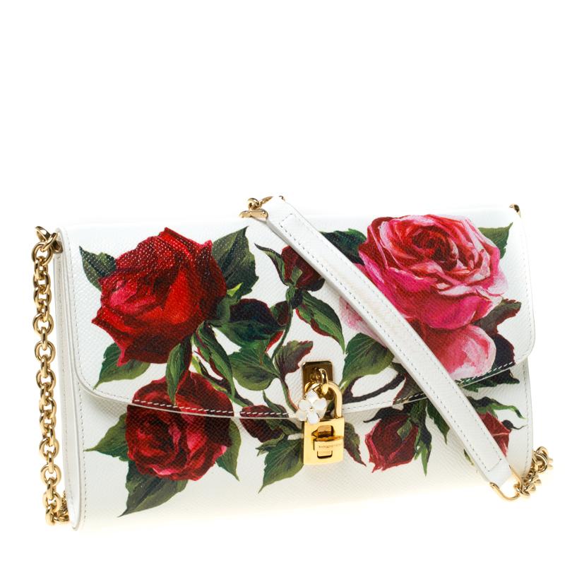 Dolce and Gabbana Multicolor Floral Print Leather Padlock Chain Shoulder Bag In Good Condition In Dubai, Al Qouz 2