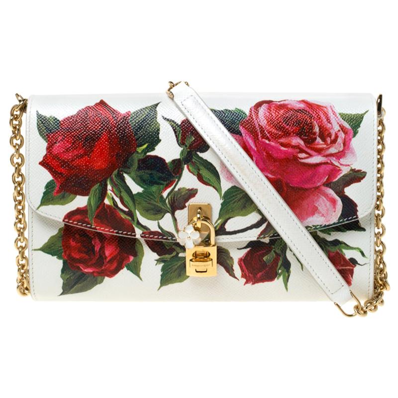 Dolce and Gabbana Multicolor Floral Print Leather Padlock Chain Shoulder Bag