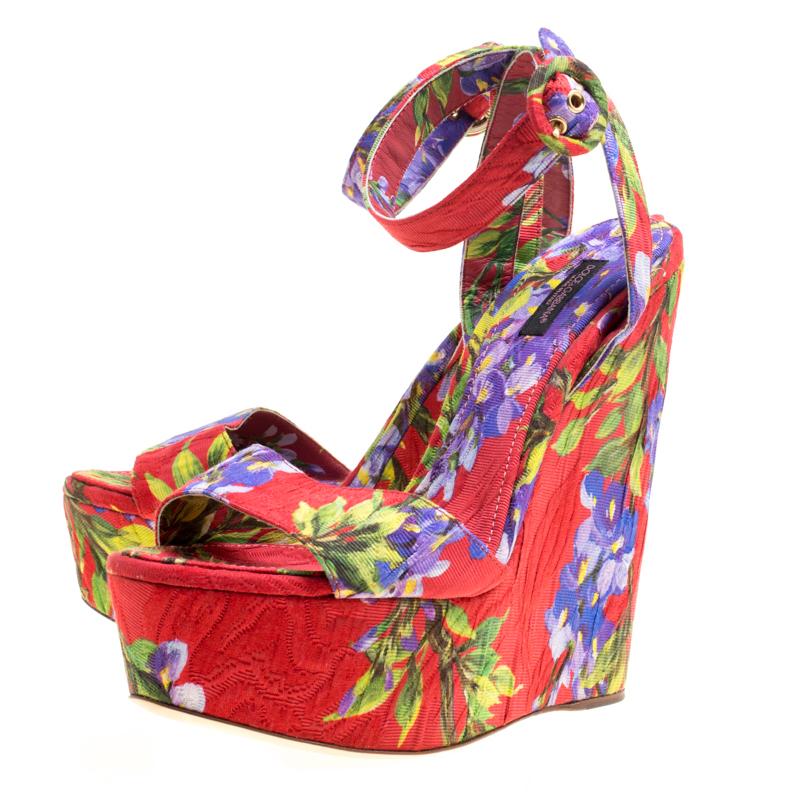 Pink Dolce and Gabbana Multicolor Floral Printed Fabric Platform Wedge Sandals 40