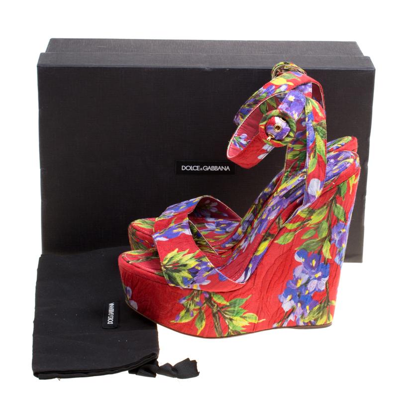 Dolce and Gabbana Multicolor Floral Printed Fabric Platform Wedge Sandals 40 2