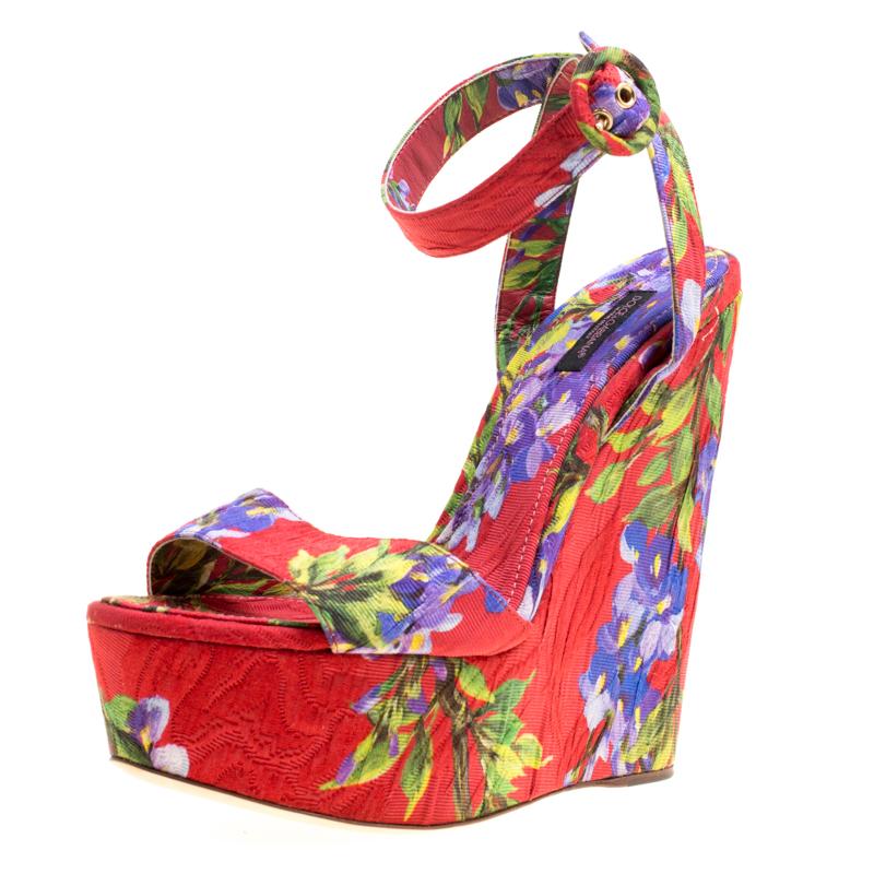 Dolce and Gabbana Multicolor Floral Printed Fabric Platform Wedge Sandals 40